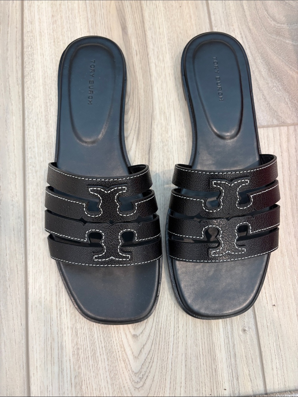 Tory Burch Black Triple-Strap Logo Slide Sandals